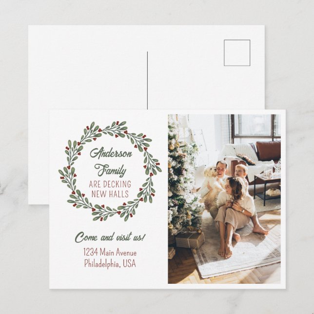 Modern Script Christmas Wreath Photo Moving Announcement Postcard (Front/Back)