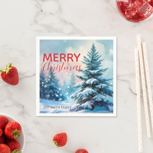 Modern Script Christmas Xmas winter pine tree fore Napkin (Insitu)