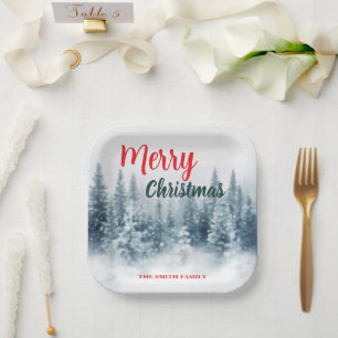 Modern Script Christmas Xmas winter pine tree fore Paper Plate