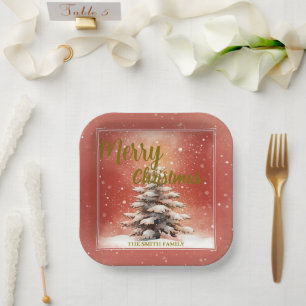Modern Script Christmas Xmas winter pine tree fore Paper Plate