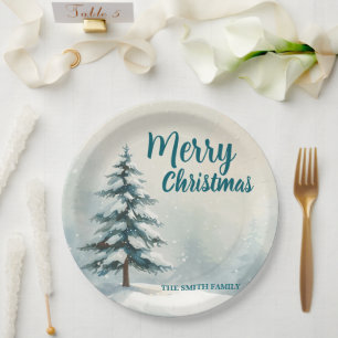 Modern Script Christmas Xmas winter pine tree fore Paper Plate