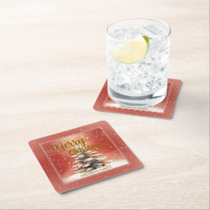 Modern Script Christmas Xmas winter pine tree fore Square Paper Coaster
