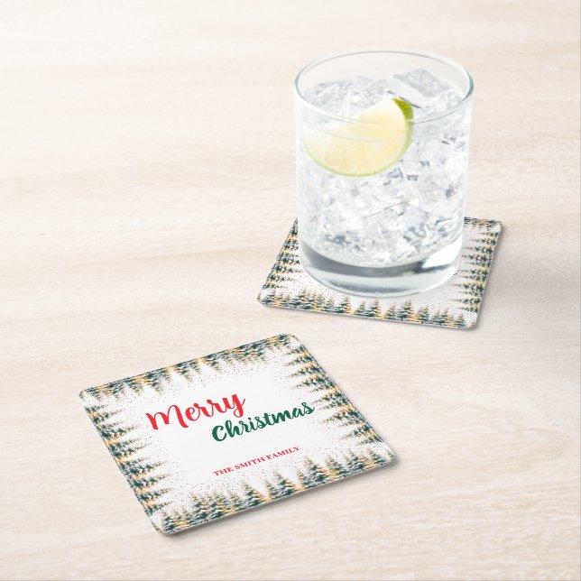 Modern Script Christmas Xmas winter pine tree fore Square Paper Coaster (Insitu)