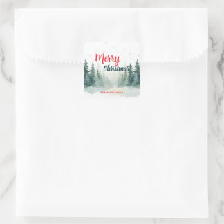 Modern Script Christmas Xmas winter pine tree fore Square Sticker