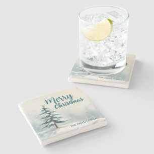 Modern Script Christmas Xmas winter pine tree fore Stone Coaster