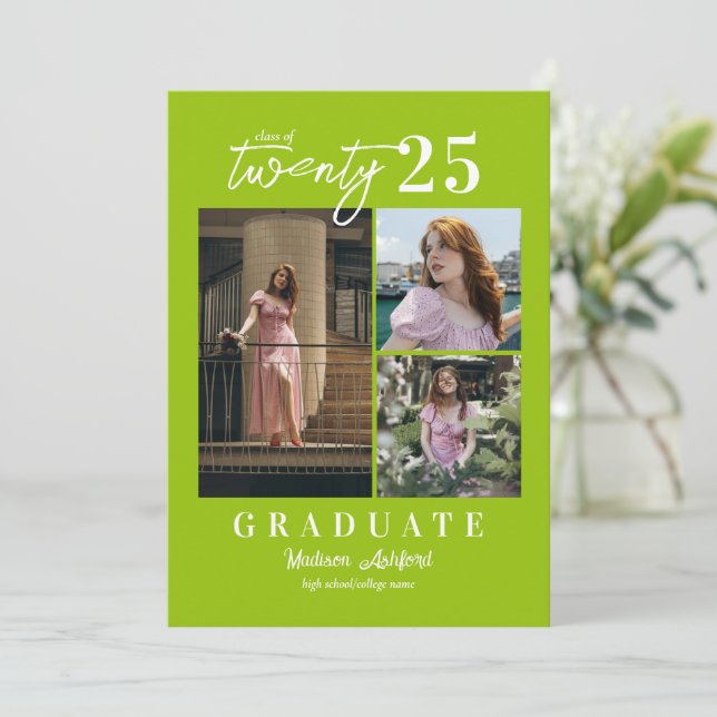 Modern Script Citrus 3 Photo Collage Graduation Announcement (Standing Front)