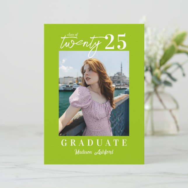 Modern Script Citrus Photo Graduation Party Invitation (Standing Front)
