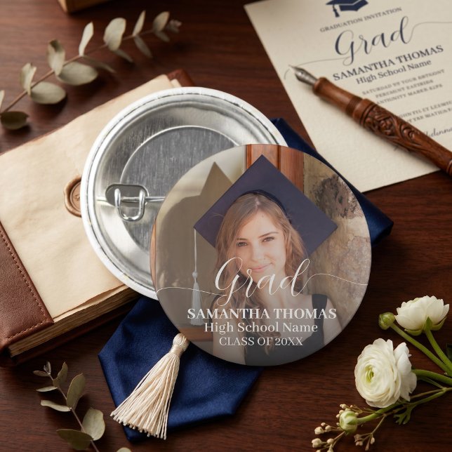 Modern Script Classic Photo Graduate Commencement  1 Inch Round Button (Modern Script Classic Photo Graduate Commencement Button)