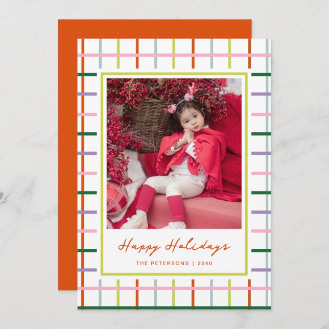 Modern Script Colorful Grid Happy Holidays Photo Holiday Card (Front/Back)