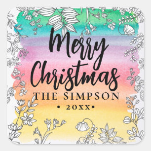 Modern Script Colourful Merry Christmas Square Sticker
