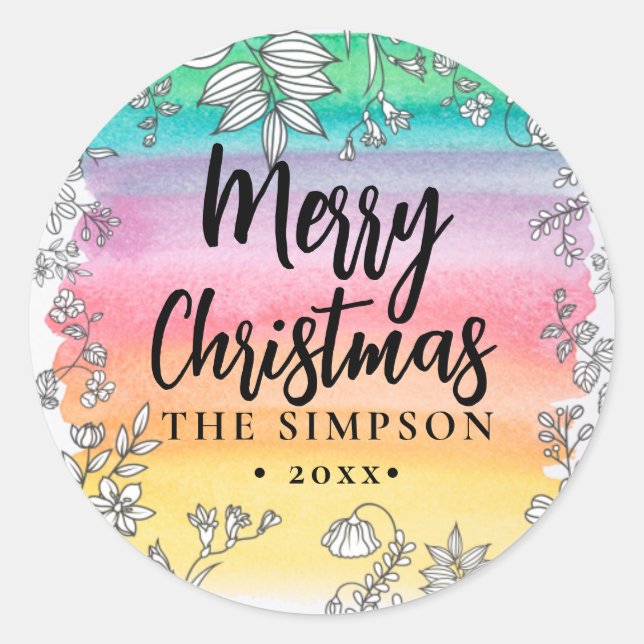 Modern Script Colourful Watercolor Merry Christmas Classic Round Sticker (Front)