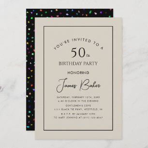 Modern Script Confetti 50TH Birthday Party For Him Invitation