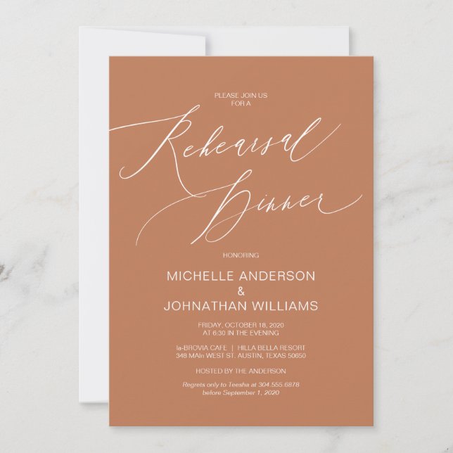 Modern Script, Copper, Wedding Rehearsal Dinner Invitation (Front)