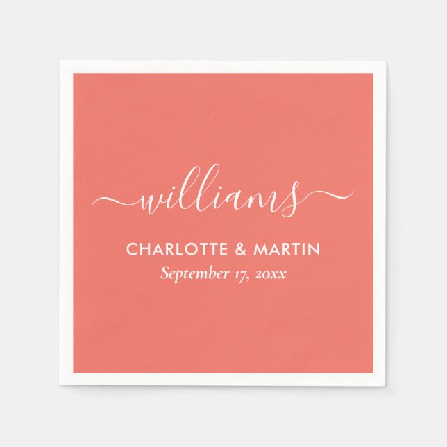 Modern Script Coral Wedding Napkin (Front)