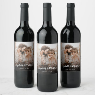 Modern Script Couple Photo Wedding Bottle Favour Wine Label