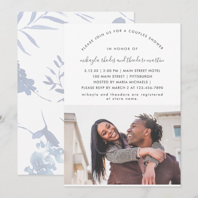 Modern Script Couples Shower Dusty Blue Photo Invitation (Front/Back)