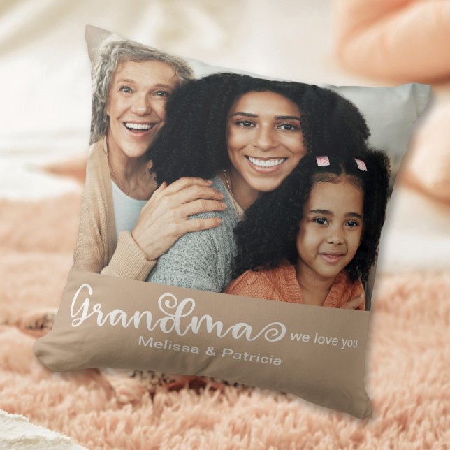 Modern Script Cream Brown We Love Grandma Photo Throw Pillow (Creator Uploaded)
