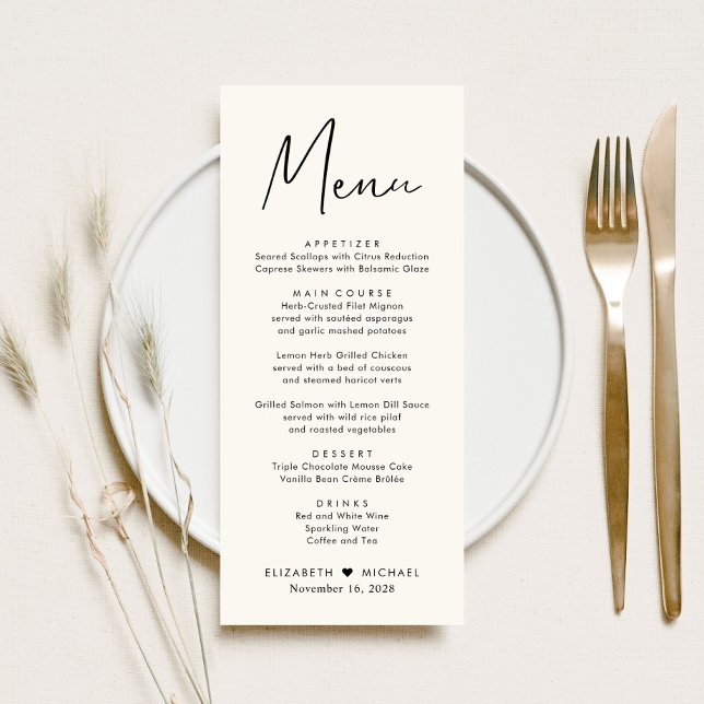 Modern Script Cream Wedding Reception Menu (Creator Uploaded)