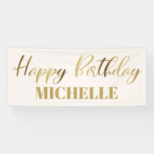 Modern Script Cream White Gold Happy Birthday Banner
