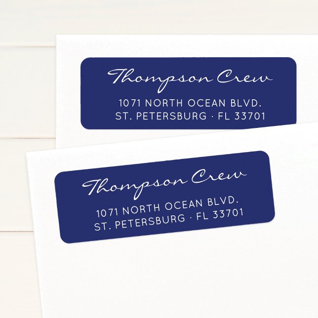 Modern Script Crew Name Navy Blue Return Address (Simple, elegant, white, modern script navy blue return address label featuring boat crew name.)