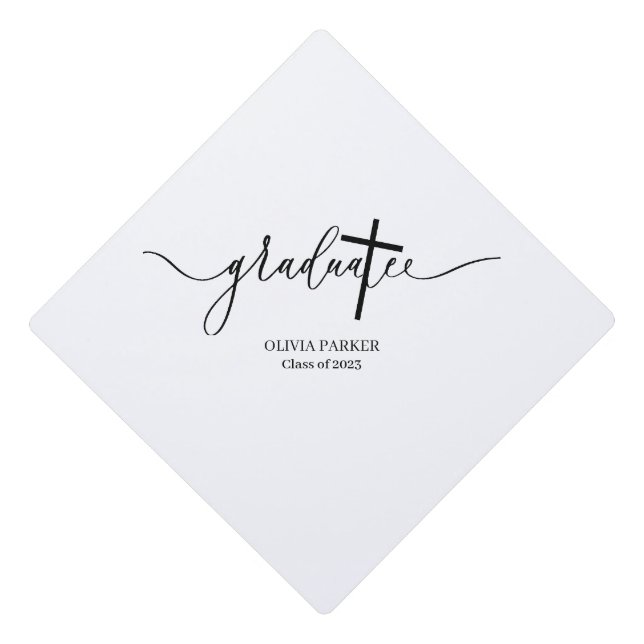 Modern script Cross Graduate  Photo Graduation Cap Topper (Front)