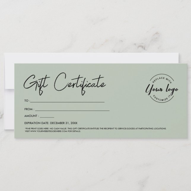 Modern Script Custom Logo Gift Certificate Green Invitation (Front)