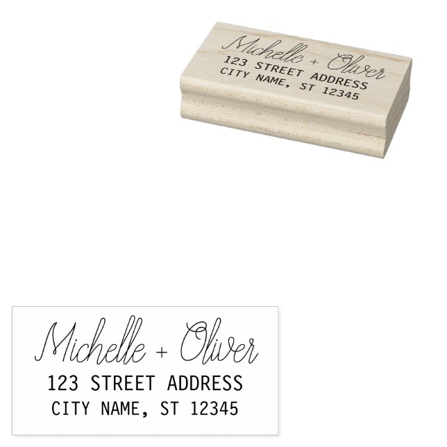 Modern Script Custom Names Wedding Couple Address Rubber Stamp (Stamped)