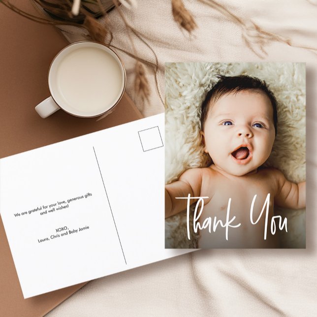 Modern Script Custom Newborn Photo Baby Shower  Postcard (Modern handlettering typography baby shower photo thank you postcard.)