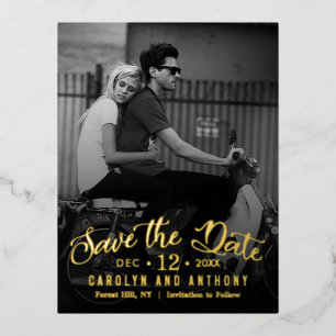 Modern Script   Custom Photo Save The Date Foil Invitation Postcard
