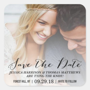 Modern Script   Custom Photo Save The Date Square Sticker
