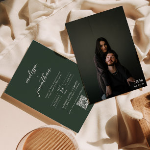 Modern Script Dark Green Monogram QR code Wedding Invitation