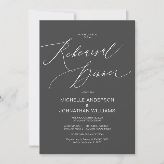 Modern Script, Dark Grey, Wedding Rehearsal Dinner Invitation (Front)