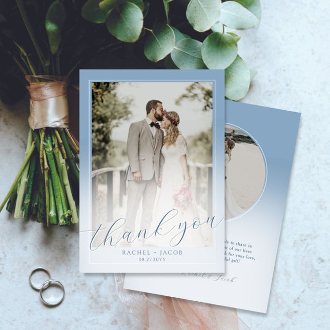 Modern Script Dusty Blue 2-Photo Wedding Thank You (Creator Uploaded)