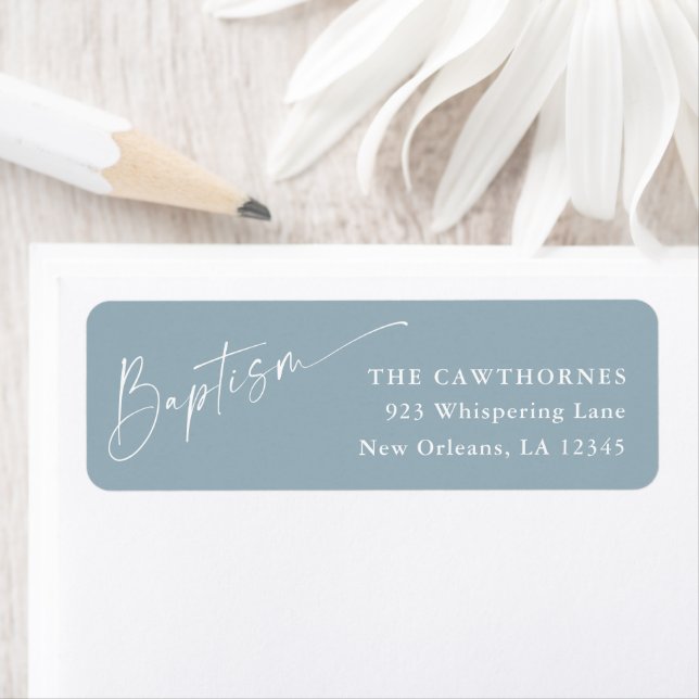 Modern Script Dusty Blue Baptism Return Address (Insitu)