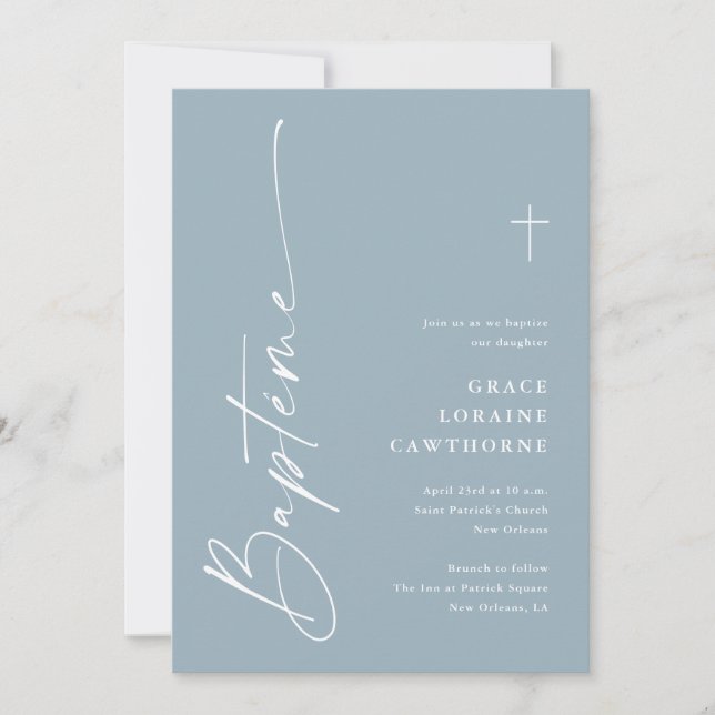 Modern Script Dusty Blue Boys French Bapteme Invitation (Front)