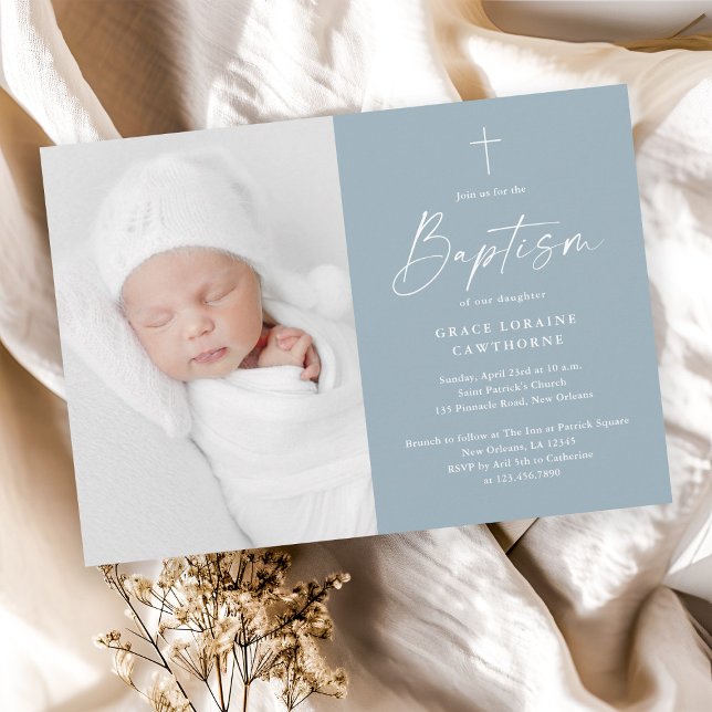 Modern Script Dusty Blue Boys Photo Baptism Invitation (Modern script dusty blue baby photo baptism invitation.)