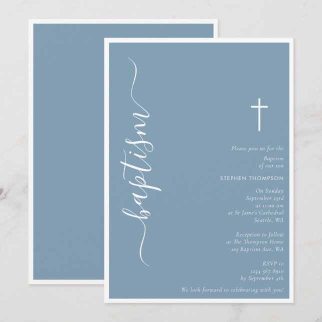 Modern Script Dusty Blue Christening Baptism Invitation (Front/Back)