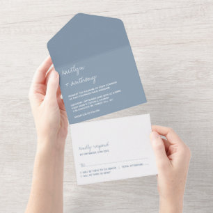 Modern Script Dusty Blue Minimalistic Wedding All In One Invitation