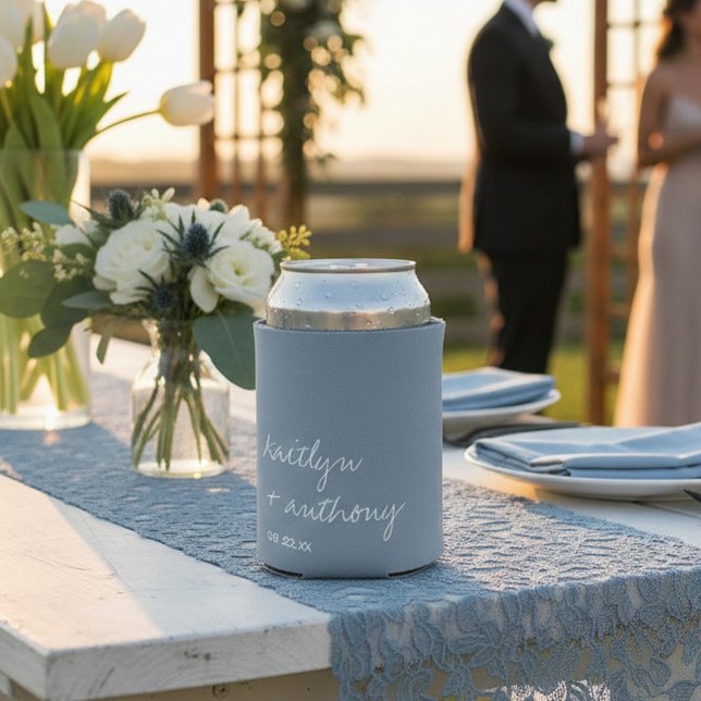 Modern Script Dusty Blue Minimalistic Wedding Can Cooler (Creator Uploaded)