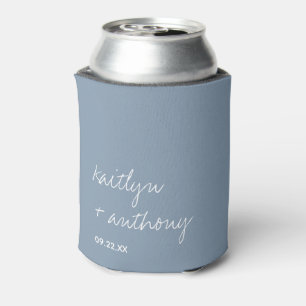 Modern Script Dusty Blue Minimalistic Wedding Can Cooler