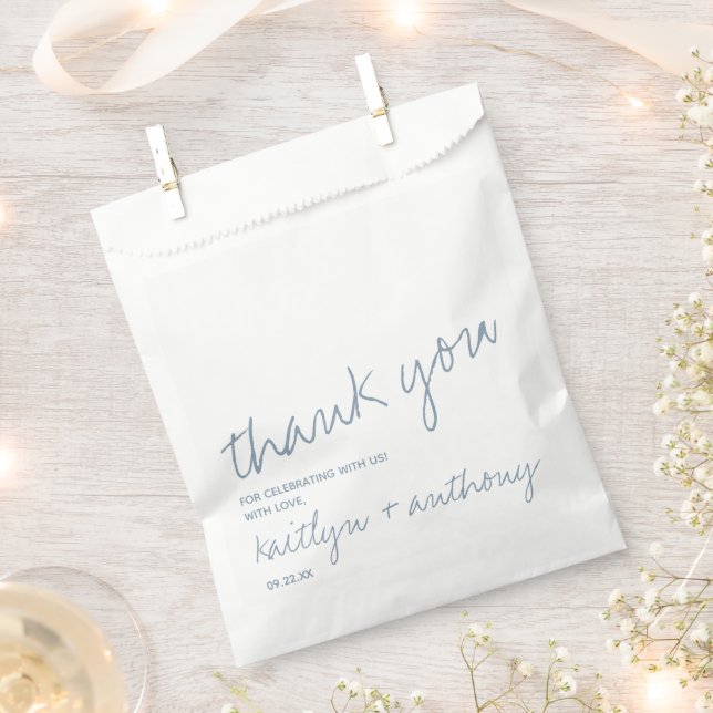 Modern Script Dusty Blue Minimalistic Wedding Favour Bag (Clipped)