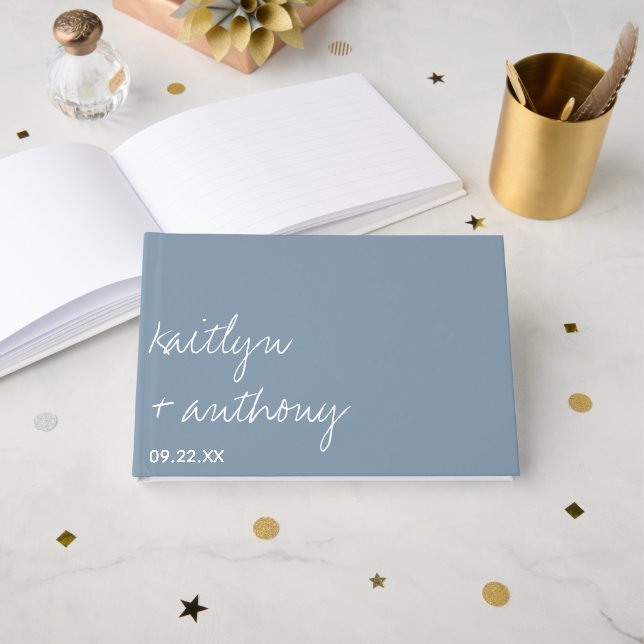 Modern Script Dusty Blue Minimalistic Wedding Guest Book (Front Open)