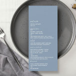 Modern Script Dusty Blue Minimalistic Wedding Menu<br><div class="desc">Celebrate in style with these modern and very trendy wedding menu cards. This design is easy to personalize with your special event wording and your guests will be thrilled when they see these fabulous menus. Matching items can be found in the collection.</div>