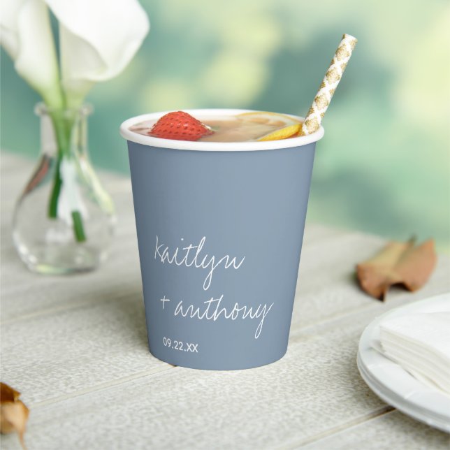 Modern Script Dusty Blue Minimalistic Wedding Paper Cups (Insitu)