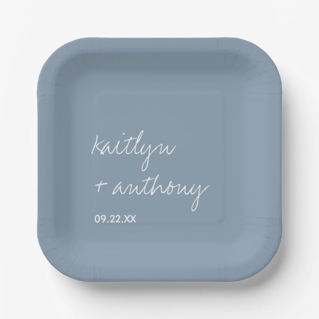 Modern Script Dusty Blue Minimalistic Wedding Paper Plate (Front)