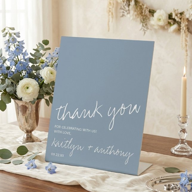Modern Script Dusty Blue Minimalistic Wedding Pedestal Sign (Creator Uploaded)