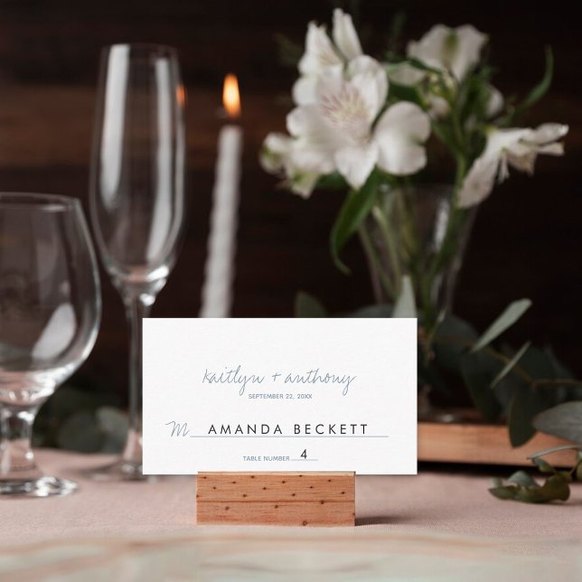 Modern Script Dusty Blue Minimalistic Wedding Place Card (Creator Uploaded)