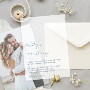 Modern Script Dusty Blue Minimalistic Wedding Vellum Invitations