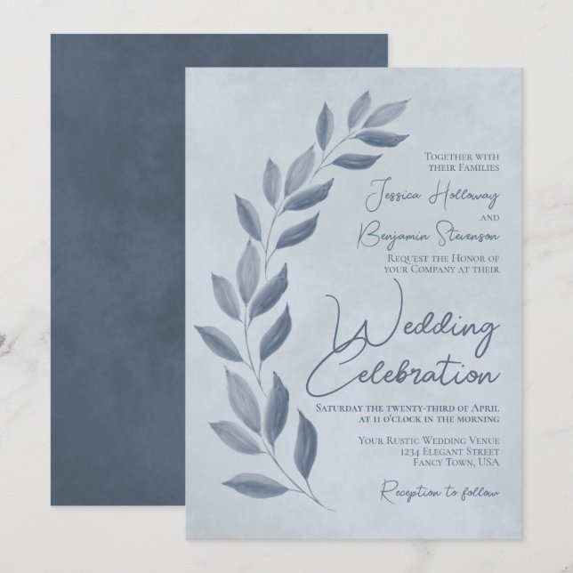 Modern Script Dusty Blue & Pewter Leaves Wedding Invitation (Front/Back)