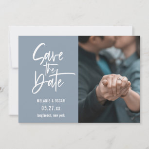 Modern Script Dusty Blue Photo Save The Date Announcement